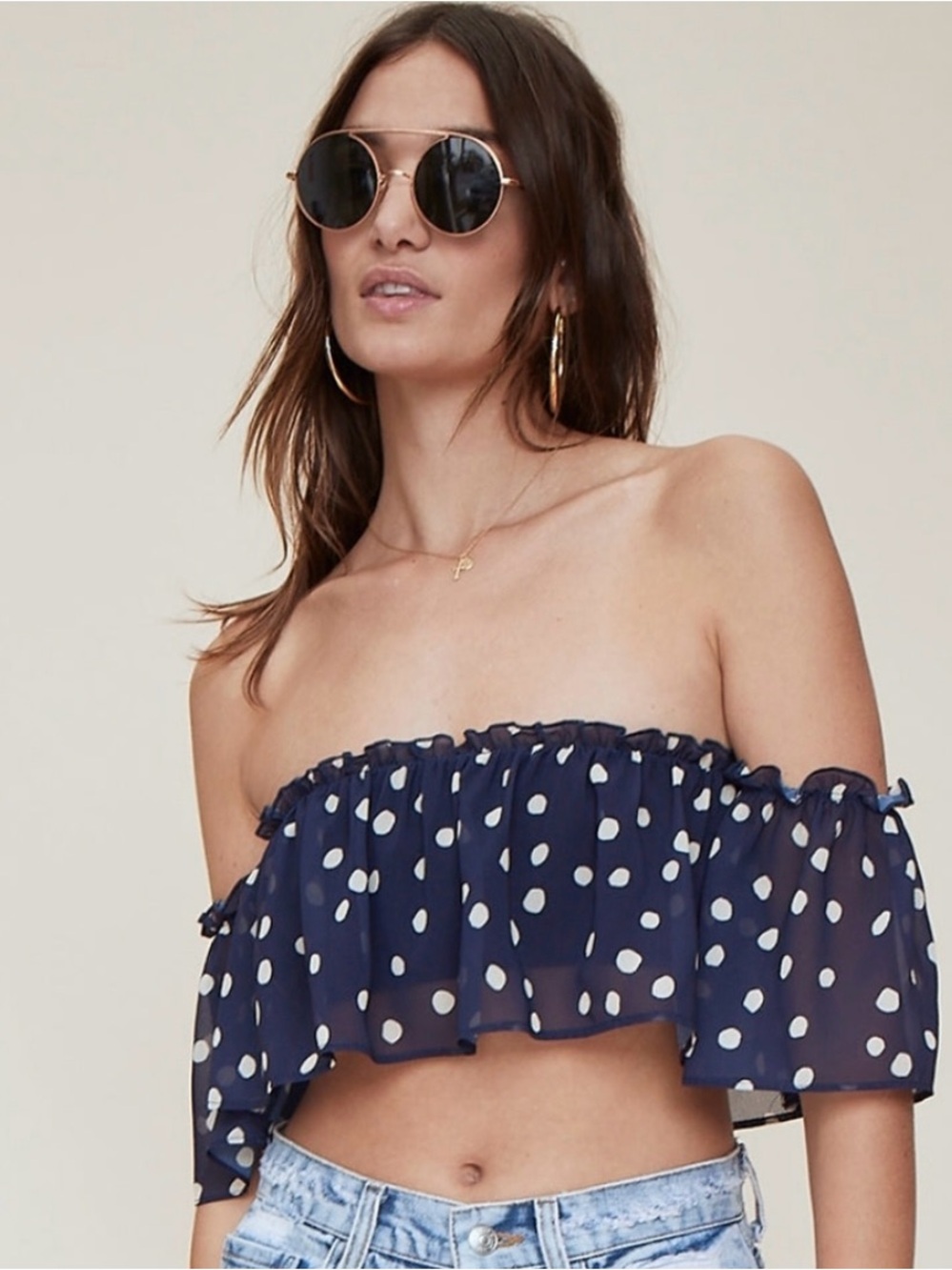 LPA Ruffle Bandeau in Navy Polka Dot